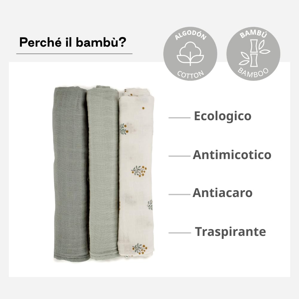 Jané Set 3 Mussole 80x80 Cotone Bambù Botanic