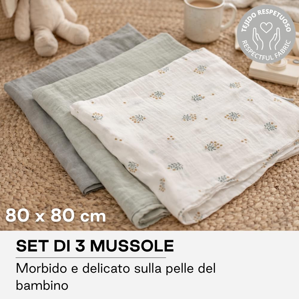 Jané Set 3 Mussole 80x80 Cotone Bambù Botanic